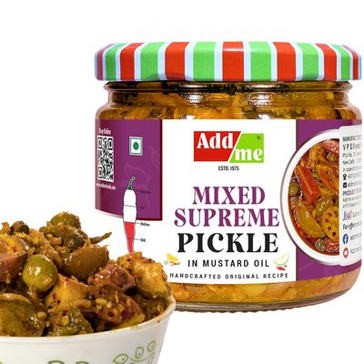 Add me Traditional Mixed Veg Pickle 300gm | Home made Mixed Supreme Mango Chilli Lemon Carrot ker Ginger karonda lasoda Fruit Pickle Glass Pack