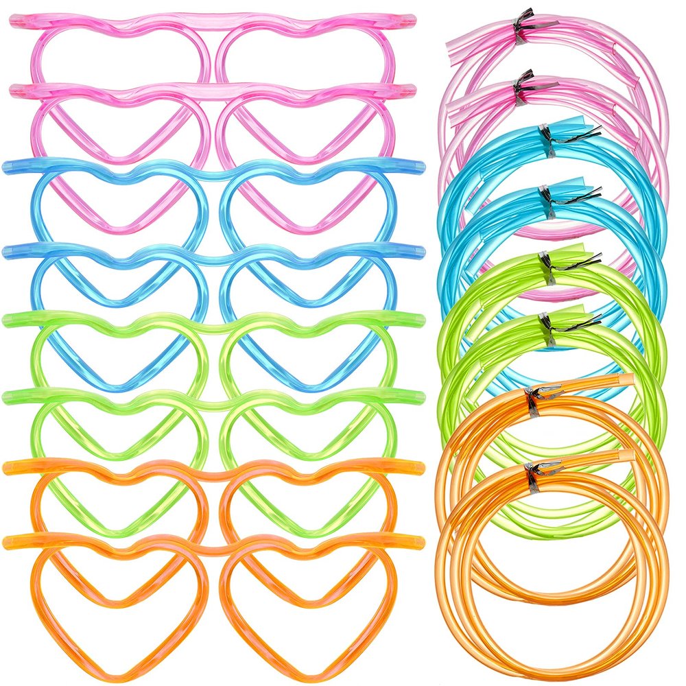 8PCS Silly Straw Glasses, Reusable Fun Loop Drinking Straw Eye Glasses, Novelty Eyeglasses Straw for Kids Party Annual Meeting Parties Birthday (4 Colors Heart)