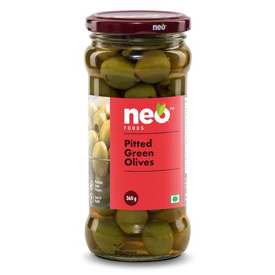 Neo Pitted Green Olives 360g I Low Fat Ready-to-Eat Healthy Snack, Source of Fibre, No Added Preservatives (Pack of 1)