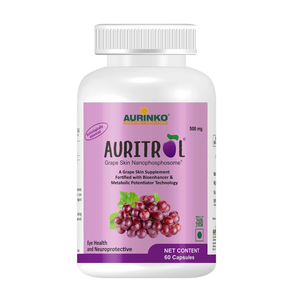 AURITROL Grape Skin Nanophosphosome 142 mg with Resveratrol 50 mg, fortified with Piperine by Aurinko Healthcare. 60 Capsules