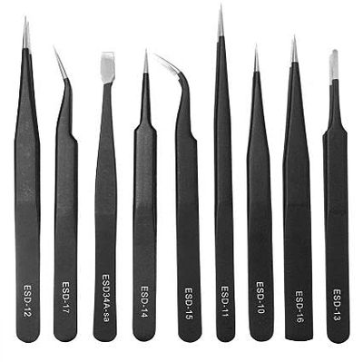 Aadvay Enterprises ESD Non Magnetic Stainless Steel Straight and Curved Tips Tweezers Set of 10 Pieces