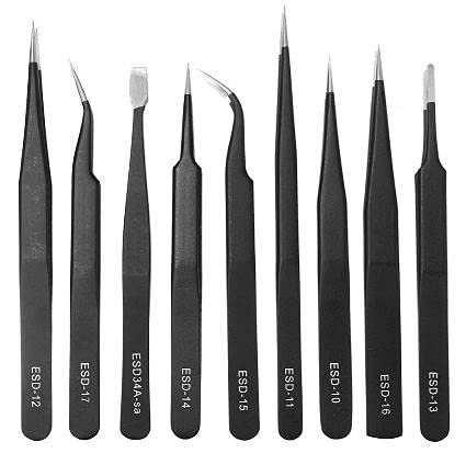 Aadvay Enterprises ESD Non Magnetic Stainless Steel Straight and Curved Tips Tweezers Set of 10 Pieces