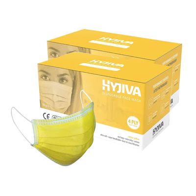 Hyjiva Disposable Face Mask - 4-ply, Ear Loop, Nose Strip, Unisex, Ultra-soft, Super-breathable (Pack of 100, Yellow)