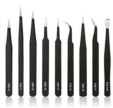 Aadvay Enterprises Stainless Steel Tweezer Set, Non Magnetic Tips, Anti-static ESD Tweezers [9 PCs]