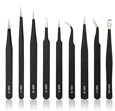 Aadvay Enterprises Stainless Steel Tweezer Set, Non Magnetic Tips, Anti-static ESD Tweezers [9 PCs]