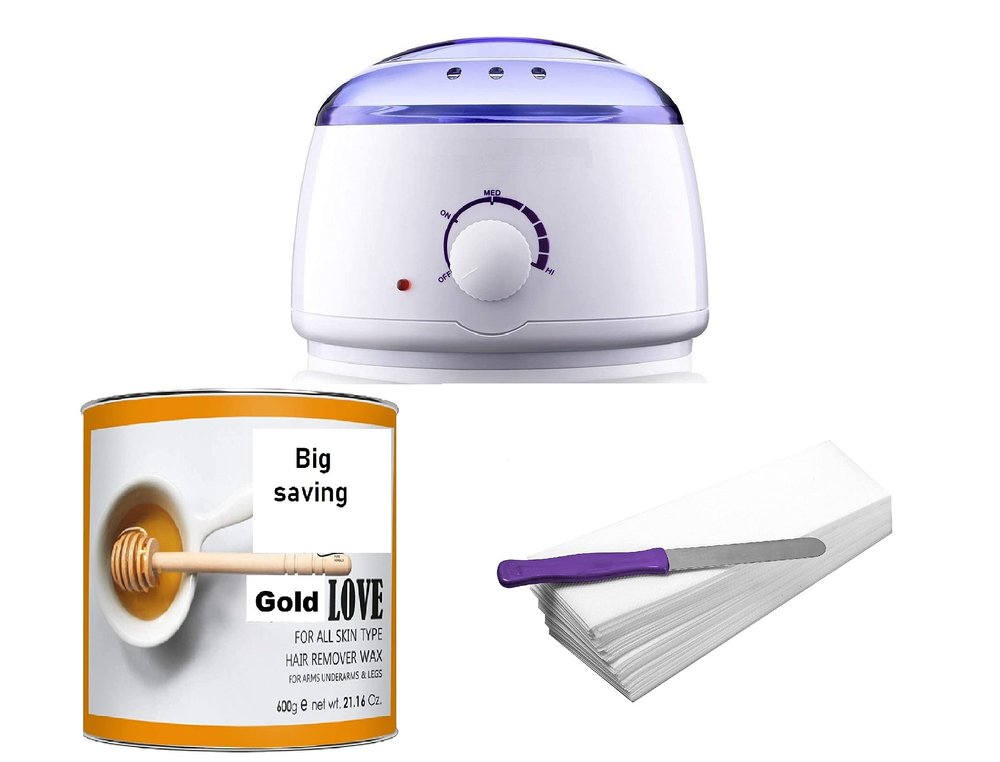 Big saving Automatic Electric Wax Heater Machine Device, Full Body Wax (600 g) Tin Can, Waxing Strips (70 Strips), Wax Knife and Sponge Waxing Kit Wax For Women (Gold Wax)