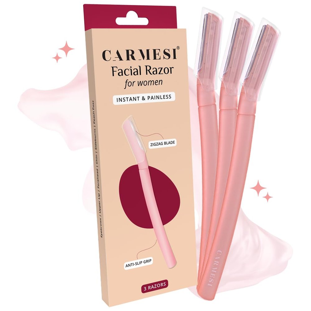Carmesi Reusable Face Razor for Women Facial Hair- 3 Razors | Instant & Painless Hair Removal | For Eyebrows, Upper Lip, Forehead, Peach Fuzz, Chin and Sideburns | Dermaplaning Tool