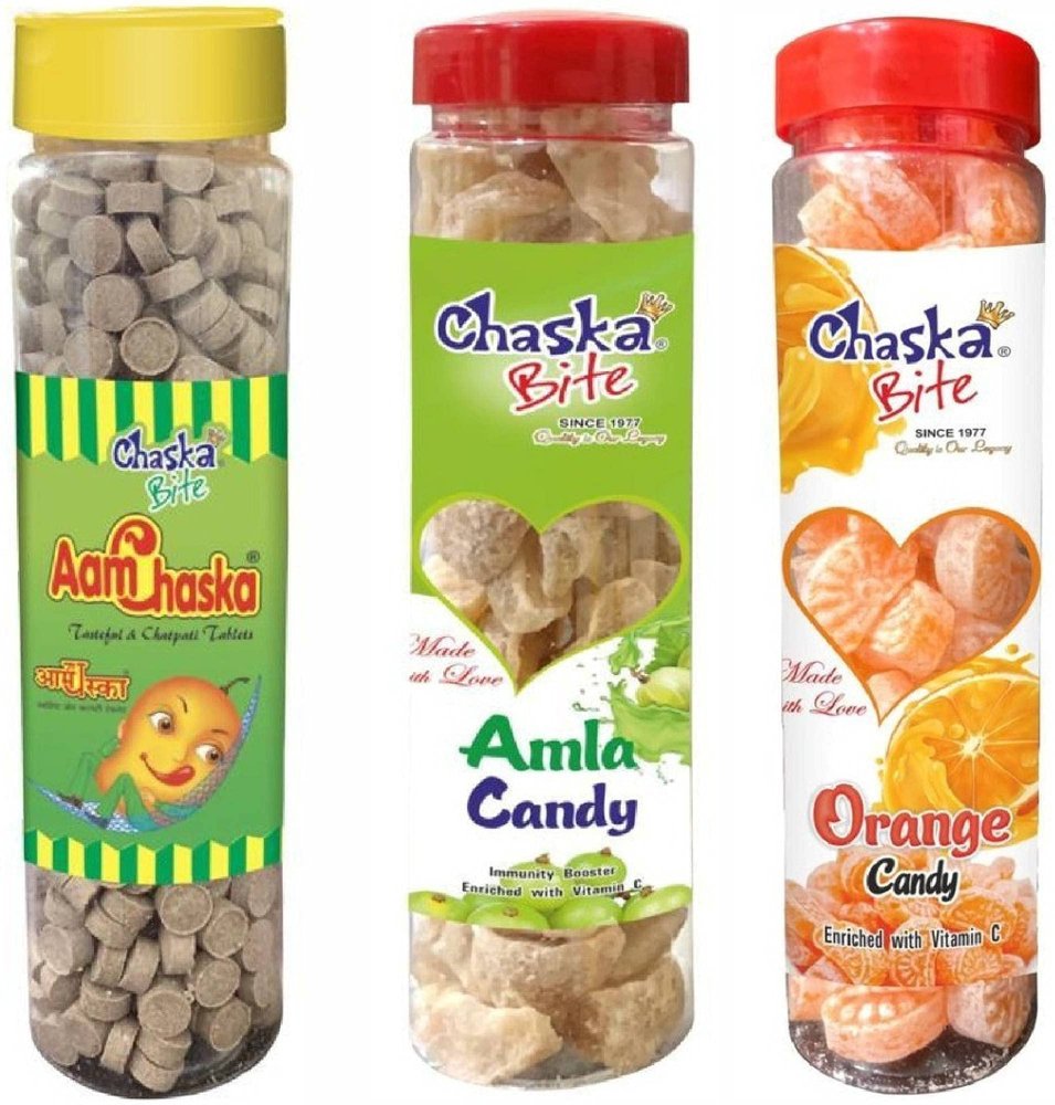 Chaska Bite Aam Chaska 250 gm, Organic Amla Candy 200 gm, Orange Candy 200gm, Sweet and Tasty Candies, Pack of 3