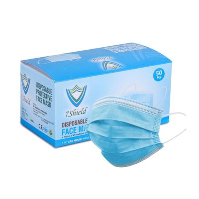 7Shield PP Spunbond Melt-Blown SMS Fabric Disposable Face Mask (Blue-50 Pack) with Nose Pin for Men & Women | ISO CE GMP SITRA Certified |Soft Spandex Earloop