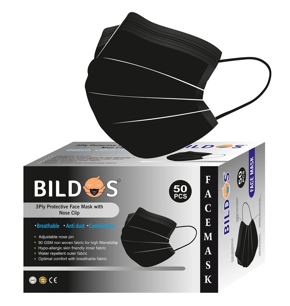 Bildos Melt-Blown Fabric 50 Pieces Masks 3 Layer Disposable Surgical Face Mask For Men & Women With Nose Clip For Home, Office, School, And Outdoors, Black