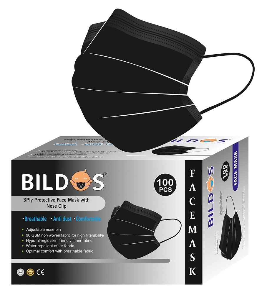 Bildos Melt-Blown Fabric 100 Black Masks Pack 3 Layer Disposable Face Mask with Nose Clip For Home, Office, School, and Outdoors