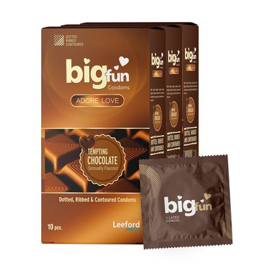 Bigfun Tempting Chocolate Flavoured Condoms | Dotted, Ribbed & Contoured for Intense Pleasure | Lubricated Natural Latex Condoms for Men | Skin-Friendly & Long-Lasting Protection | 100% Safe & Exciting Experience - Pack of 3 (10Pcs. Each)