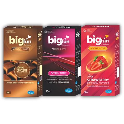 Bigfun Flavoured Condoms Extra Dotted & Ribbed for Men Combo Pack of 3, Count 10 - Dotted, Ribbed & Contoured ||Lubricated Long-Lasting Tempting Chocolate, Strawberry & Xtra Time Condoms (Total 30pcs)
