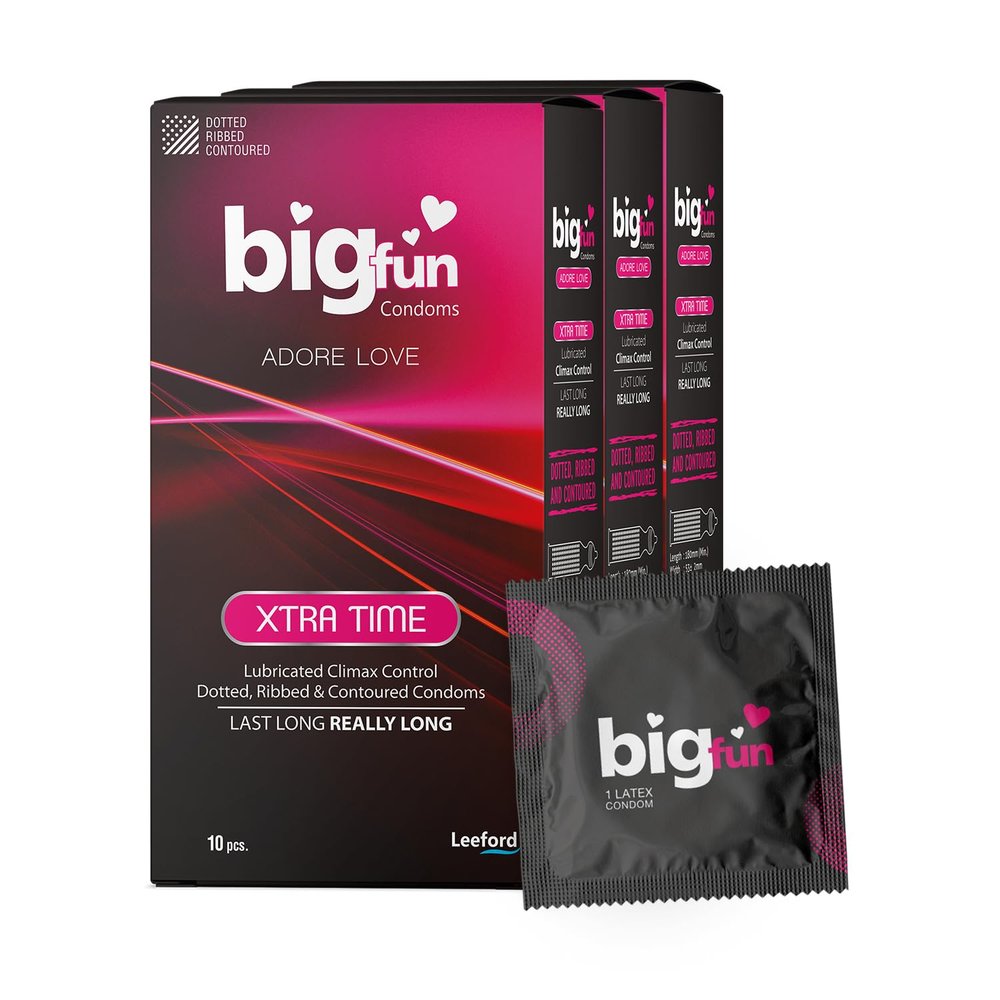 Bigfun Xtra Time Climax Control Condom | Prolong Pleasure, Boosts Confidence | Ribbed, Dotted & Contoured Design | Trusted Protection | Enhanced Sensitivity & Comfort | Pack of 3