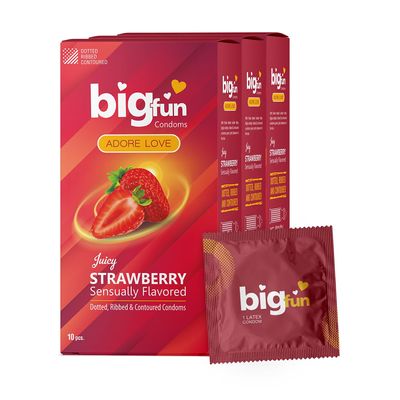 Bigfun Juicy Strawberry Flavoured Condoms | Dotted, Ribbed & Contoured for Intense Pleasure | Lubricated Natural Latex Condoms for Men | Skin-Friendly & Long-Lasting Protection | 100% Safe & Exciting Experience - Pack of 3 (10Pcs. Each)