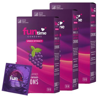Funtime Black Grapes Flavoured Dotted Condoms | Ribbed & Contoured Condoms for Higher Pleasure | Made With Natural Rubber Latex | Lubricated for More Excitement & Satisfaction - Pack of 3 (10count each)