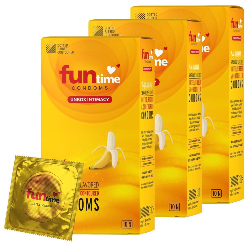 Funtime Banana Flavoured Dotted Condoms | Ribbed & Contoured for Extra Pleasure | Made With Natural Rubber Latex | Lubricated for Excitement & Satisfaction - Pack of 3 (10 count each)