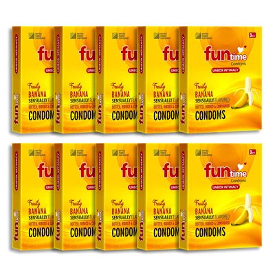 Funtime Flavoured Condoms Combo Pack of 10 (3Pcs Each) | Dotted, Ribbed And Contoured Long Lasting Condoms for Men | Banana Flavour (Total 30pcs)