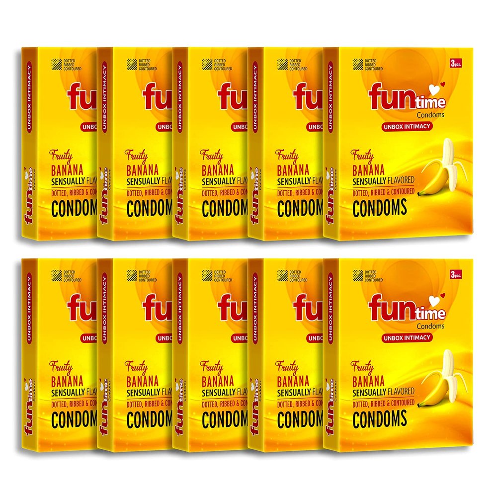 Funtime Flavoured Condoms Combo Pack of 10 (3Pcs Each) | Dotted, Ribbed And Contoured Long Lasting Condoms for Men | Banana Flavour (Total 30pcs)