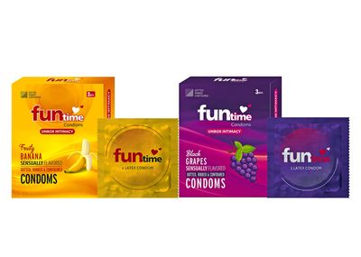 Funtime Flavoured Condoms Pack of 10 (3Pcs Each Pack) | Dotted, Ribbed & Contoured Long Lasting for Men | 5 Pack of Banana & 5 Pack of Black Grapes (Total 30 Pcs)