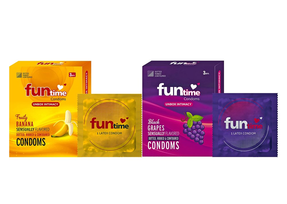 Funtime Flavoured Condoms Pack of 10 (3Pcs Each Pack) | Dotted, Ribbed & Contoured Long Lasting for Men | 5 Pack of Banana & 5 Pack of Black Grapes (Total 30 Pcs)