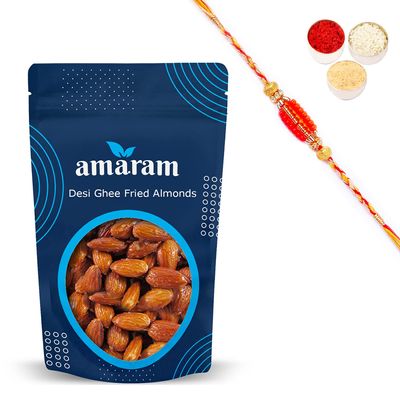Amaram by Ghasitaram Rakhi Gifts for Brother - Desi Ghee Fried Salted Almonds 200 GMS with Beads Rakhi