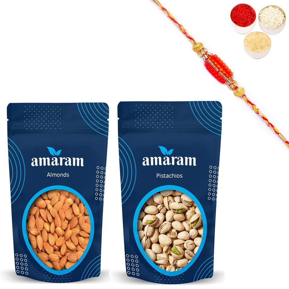 Amaram by Ghasitaram Rakhi Gifts for Brother - Almonds and Pistachios Pouches with 2 Beads Rakhis