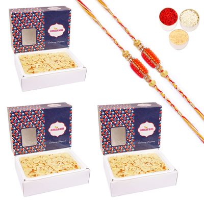 Amaram by Ghasitaram Rakhi Gifts for Brother - Pack of 3 Soan Papdi 600 GMS with 2 Beads Rakhis
