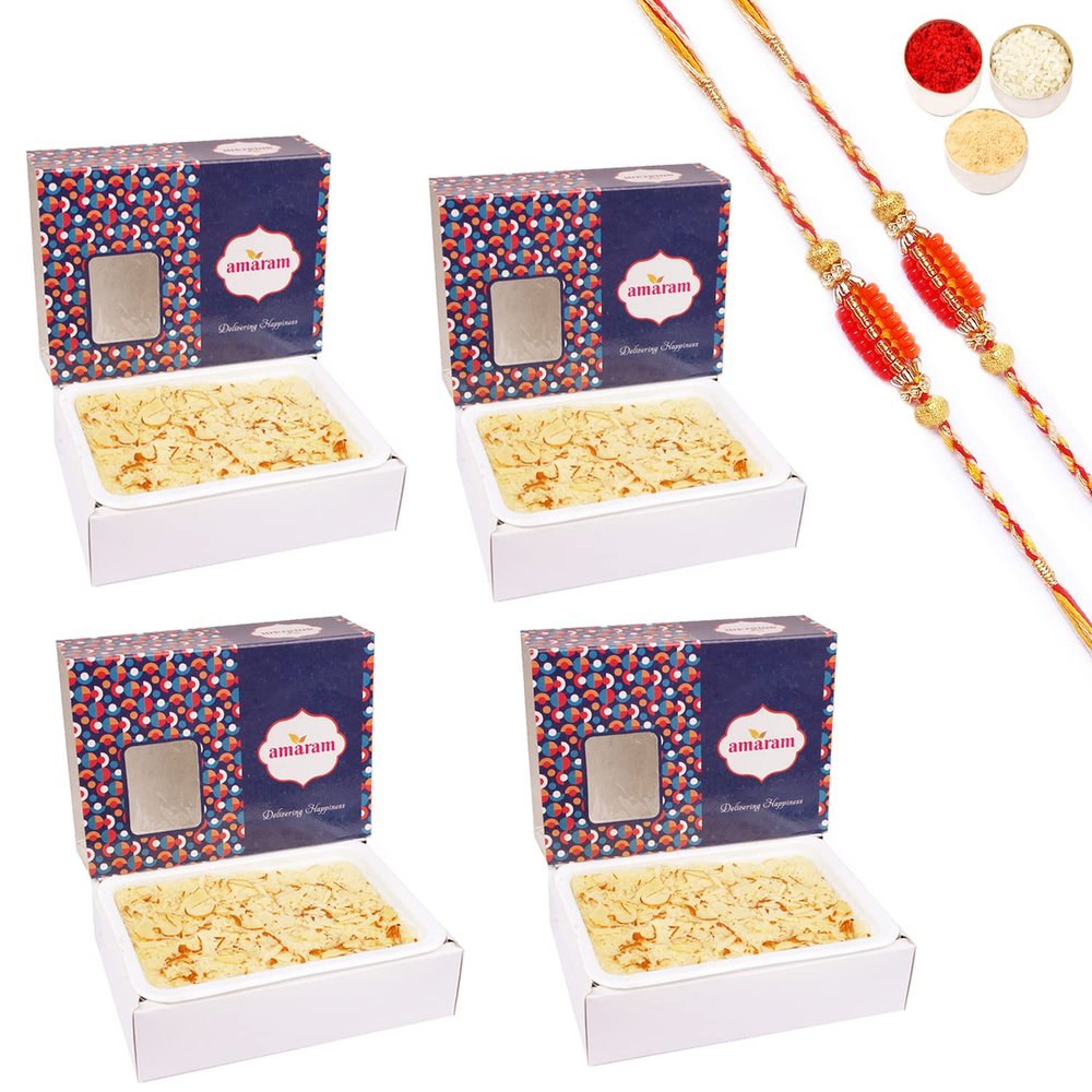 Amaram by Ghasitaram Rakhi Gifts for Brother - Pack of 4 Soan Papdi 800 GMS with 2Beads Rakhis