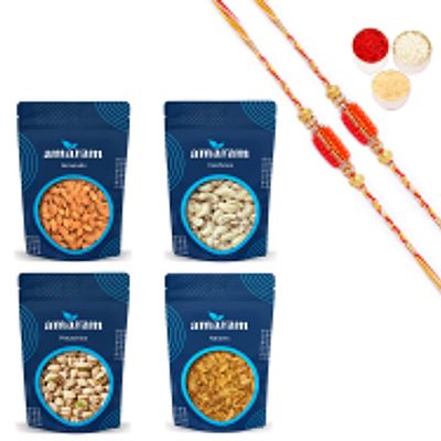 Amaram by Ghasitaram Rakhi Gifts for Brother - 4 Dryfruits with 2 Beads Rakhis