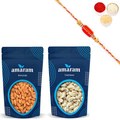 Amaram by Ghasitaram Rakhi Gifts for Brother - Almonds and Cashew Pouches with 2 Beads Rakhis
