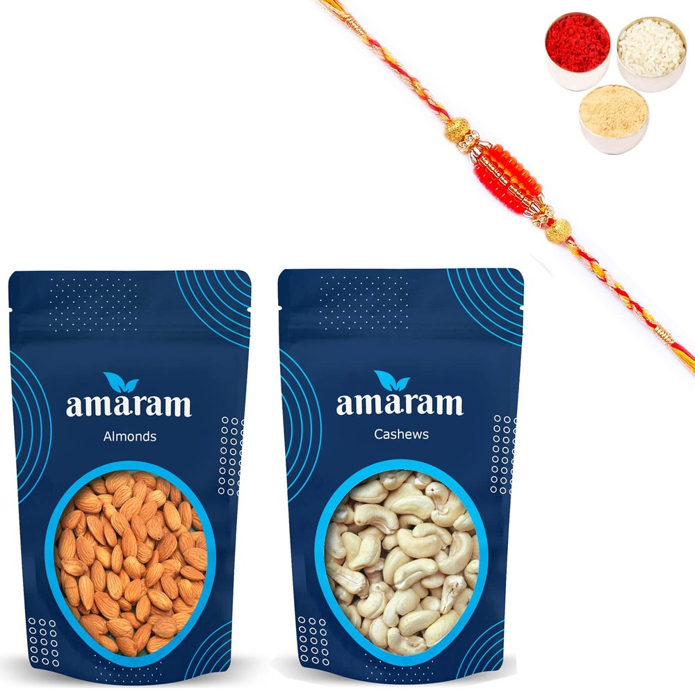 Amaram by Ghasitaram Rakhi Gifts for Brother - Almonds and Cashew Pouches with 2 Beads Rakhis