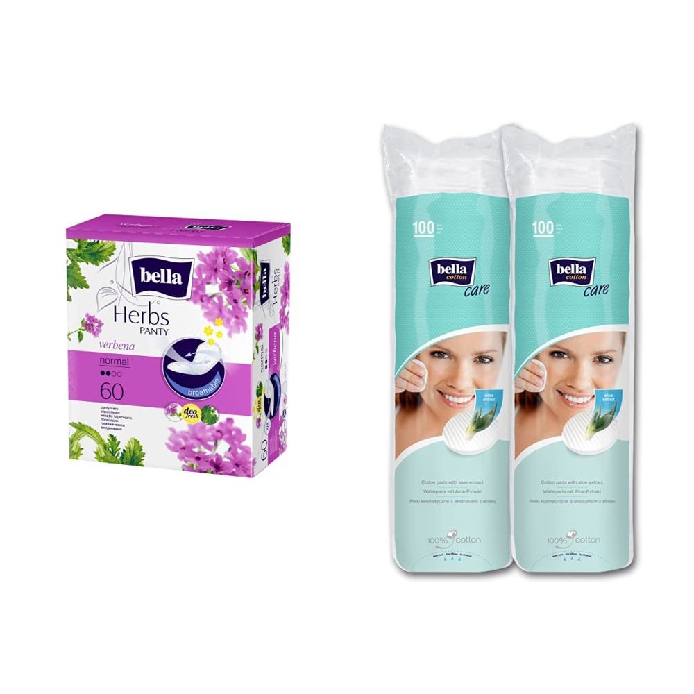 Bella Herbs Panty Liners, 60 Pieces (Verbena) & Bella Cotton Pads Round with Aloe Vera Extract - 100 Pieces (Pack of 2)