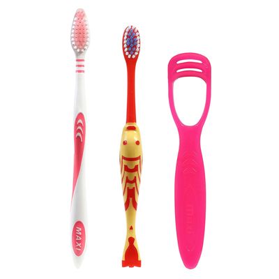 MAXI Oral Care Combo of 12-4 Oval Grip Adults Soft Toothbrush, 4 Goldie Junior Kids Soft Toothbrush & 4 TC 1 Number Tongue Cleaner