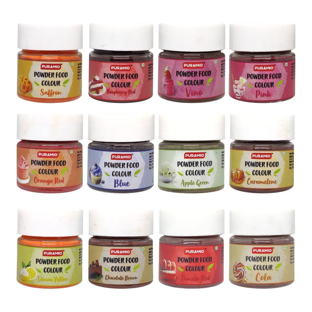 Puramio Powder Food Colour Combo of 12 [20g Each] - Apple Green, Blue, Caramelene, Chocolate Brown, Saffron, Cola, Lemon Yellow, Orange Red, Pink, Raspberry Red, Tomato Red, Vino