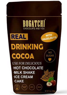 BOGATCHI Real Drinking Cocoa with Hazelnuts |NO Sugar Drinking Chocolate | Tasty - Gluten Free - Vegan | Dark NO Sugar Drinking Chocolate | Cocoa Powder| 200g