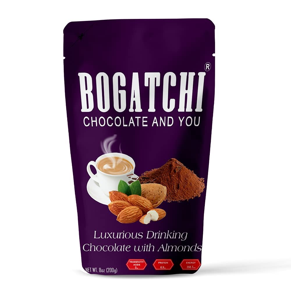BOGATCHI Luxurious Hot Chocolate Drinking Powder with Almonds |Drinking Chocolate | Tasty | Vegan |Gluten Free| Dark Drinking Chocolate | Cocoa Powder - 200g