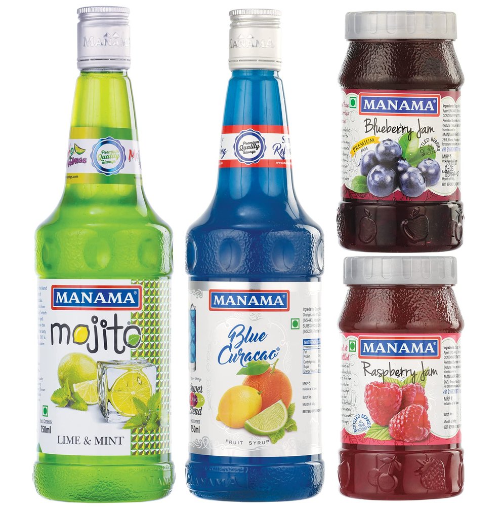 Manama Lime and Mint Mojito (750ml), Blue Curacao Fruit Syrup (750ml), Blueberry Fruit Jam (500gms) and Raspberry Fruit Jam (500gms), Pack of 4