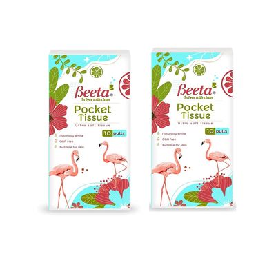 Beeta Pocket Tissue Handkerchief - 2 Ply (Pack of 10-10 Pulls, 20 Packs i.e. 200 Pulls) Soft and Highly Absorbent-100% Natural Cellulose FiberTissue