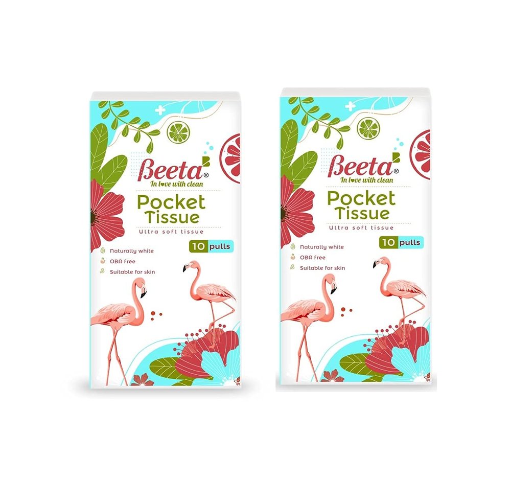 Beeta Pocket Tissue Handkerchief - 2 Ply (Pack of 10-10 Pulls, 20 Packs i.e. 200 Pulls) Soft and Highly Absorbent-100% Natural Cellulose FiberTissue