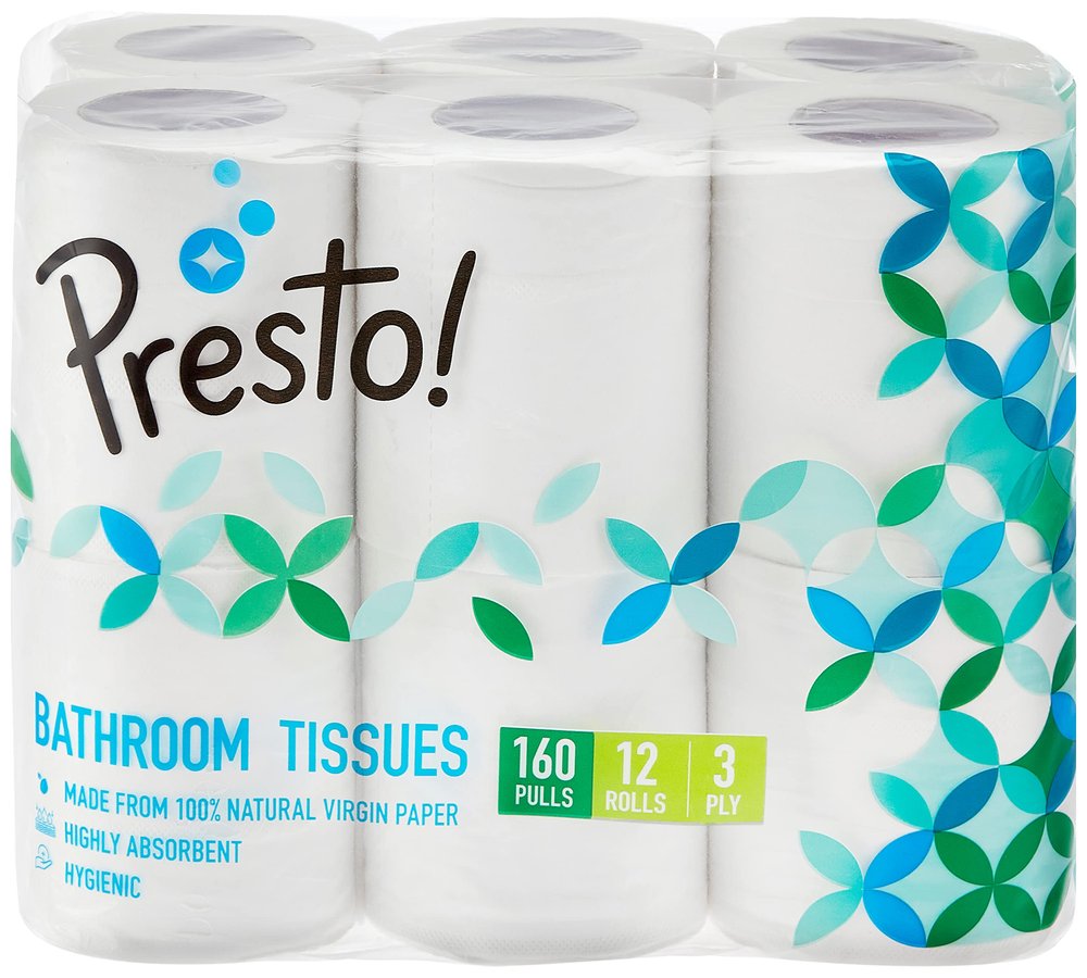 Amazon Brand - Presto! 3 Ply Toilet Paper Roll | 1920 Pulls | 160 Pulls x 12 Rolls | Soft and Highly Absorbent | OBA-Free | Smooth Feel | 100% Natural Virgin Cellulose Fiber