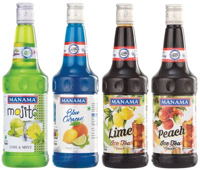 Manama Lime and Mint Mojito, Blue Curacao Fruit Syrup, Lime Ice Tea and Peach Ice Tea (750ML Each), Pack of 4