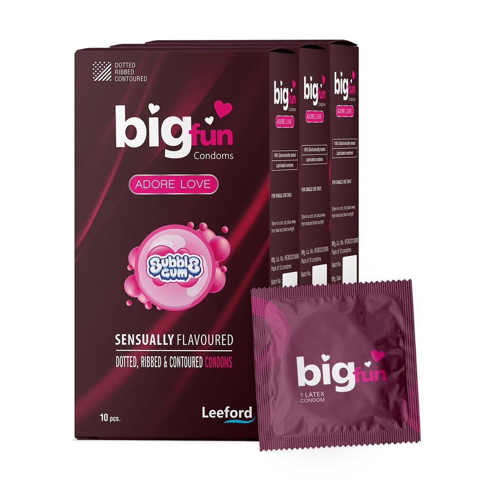 Bigfun Bubblegum Flavoured Condoms - Pack of 3 (10 Pcs Each) | Dotted, Ribbed & Contoured for Intense Pleasure | Lubricated Natural Latex Condoms for Men | Skin-Friendly & Long-Lasting Protection | 100% Safe & Exciting Experience