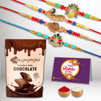 Alohomora Designer Peacock Rakhi For Rakshabandhan | Rakhi For Brother | Rakhi | Rakhi Combo | Set Of 4 Rakhi | Rakhi Gift | Roli Chawal | Greeting Card And crunchie Chocolate 100Gm