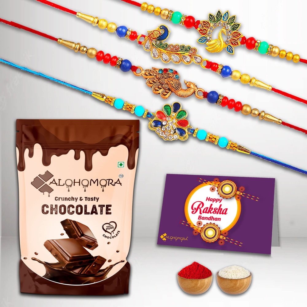 Alohomora Designer Peacock Rakhi For Rakshabandhan | Rakhi For Brother | Rakhi | Rakhi Combo | Set Of 4 Rakhi | Rakhi Gift | Roli Chawal | Greeting Card And crunchie Chocolate 100Gm