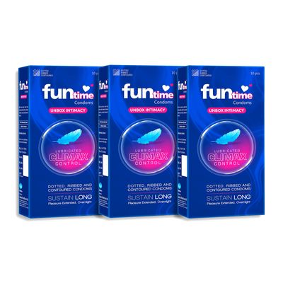 Funtime Climax Control Condoms | Dotted, Ribbed, & Contoured for Long-Lasting Pleasure | Lubricated Natural Rubber Latex Condoms for Excitement & Fun | Pack of 3 (10 counts each)
