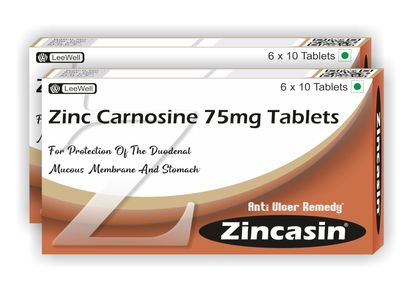 Zincasin Zinc Carnosine complex | Leaky Gut, Immunity Booster, Improve Taste buds function, Protect Gastric Mucosal Ulcers, Intestinal Lining, Neurotransmitter Support | Healthy Skin, Acne, Hair Loss, IBD, IBS Supplement - (2x60)120 tablets
