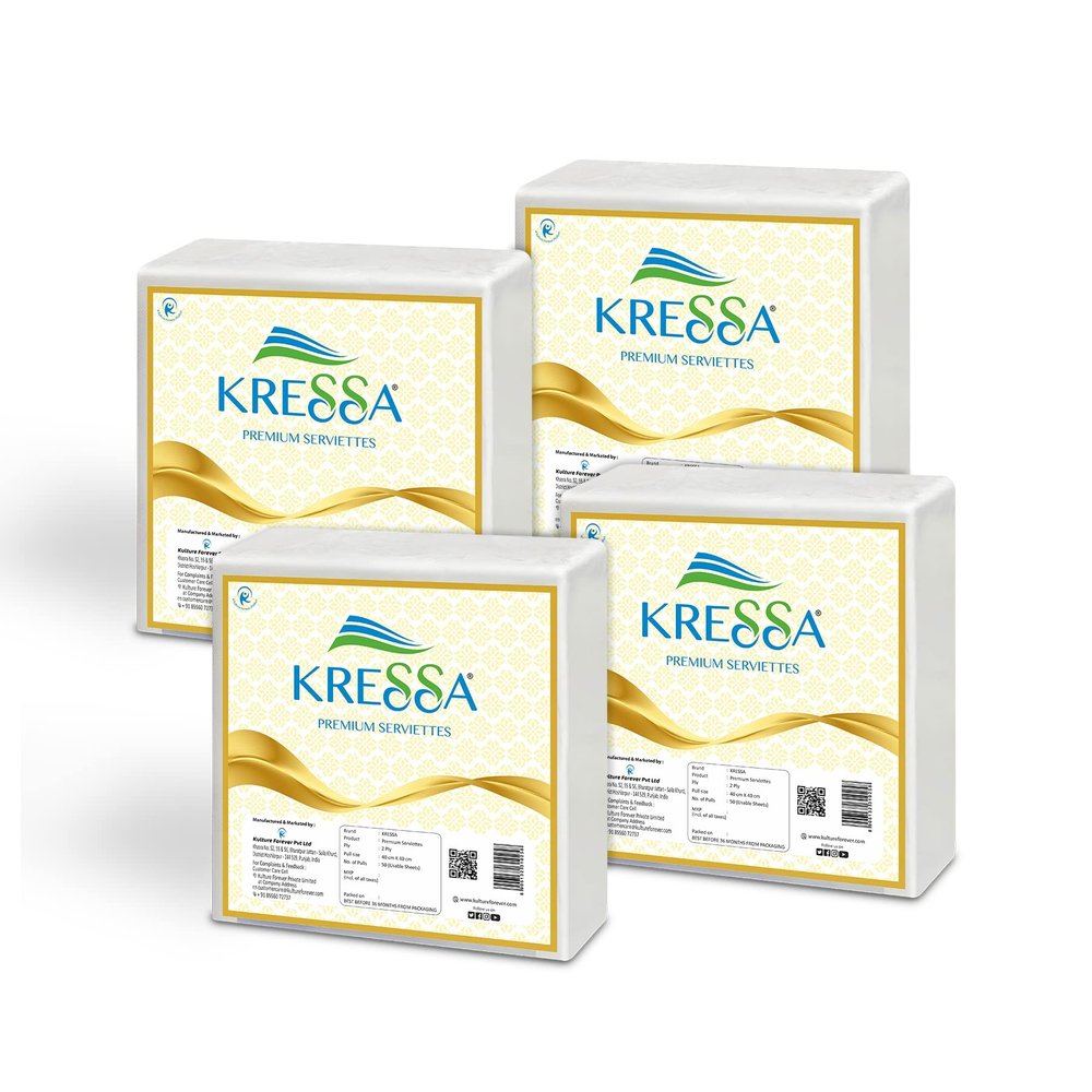 Kressa 40X40 Premium Tissue Serviettes | Paper Napkins | Table Top Napkins Total 200 Pulls Pack of 4 100% Natural Virgin Pulp