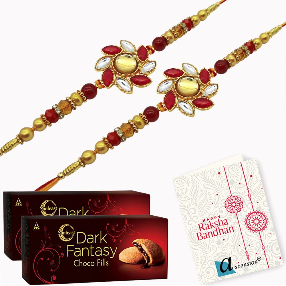 ascension  Set Of 12 Om Wooden Bhaiya bhabhi Rakhi Raksha Bandhan Gift hamper Moli Wristbands Designer Rakhi with Brother Mug,Card, 2 Dark Fantasy Cookies & Tilak Pack