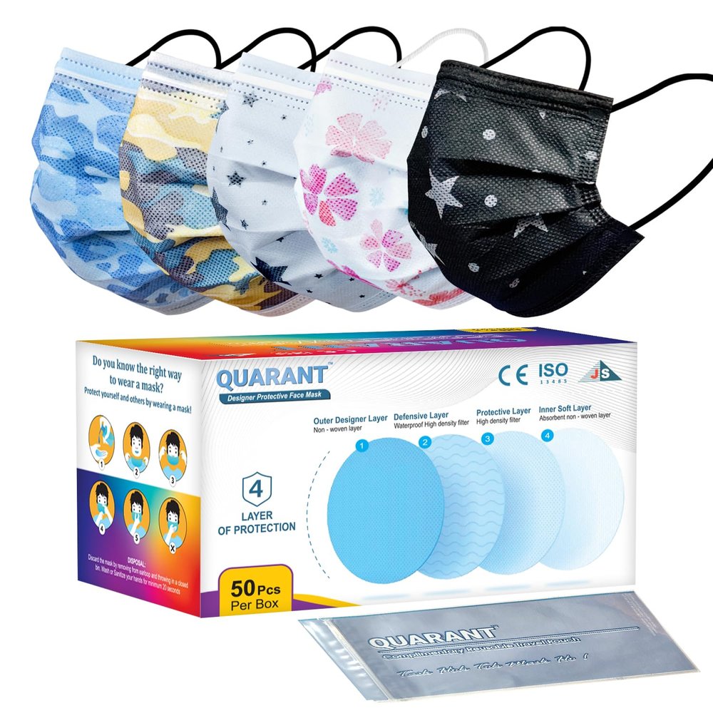 QUARANT Meltblown - Dual SMMS Fabric 4 Ply Designer Protective Face Mask with Nose Clip and Reusable Travel Pouch, Fashion That's Safe (Mixed Combo, Pack of 50) for Unisex